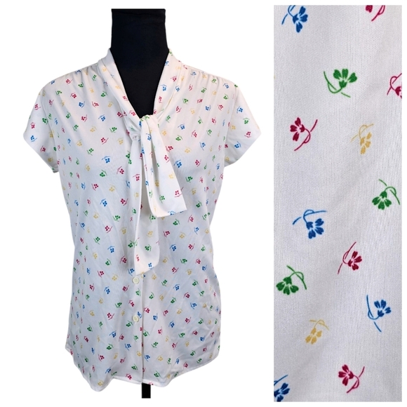 VTG 1970s Floral Bowtie Button Up Blouse Sz Small White Retro Tradwife Whimsical - Picture 1 of 16